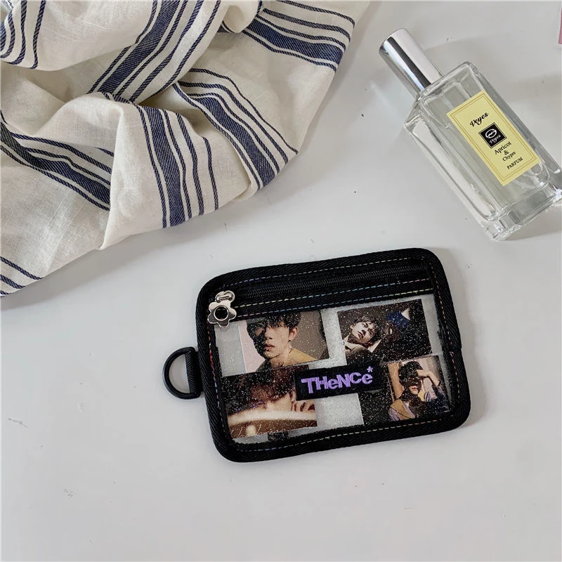 Black ID Holders Women Korean Fashion Blingbling Sweet Girl   PVC Credit Cards Zipper Portable Students Card Cover