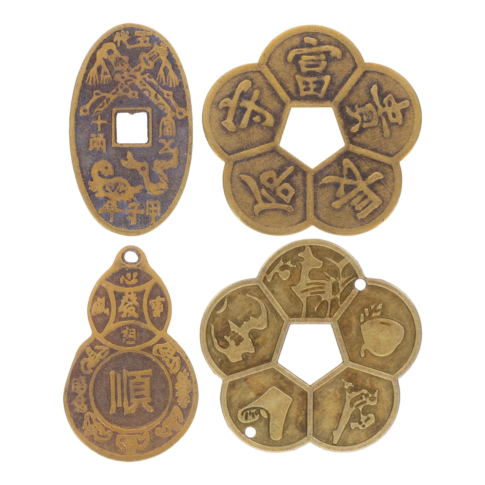 

Набор из 4 латунных монет Фэн-шуй: китайские монеты для гадания, многофункциональные, для декора, игры на удачу и предсказания, в старинном стиле