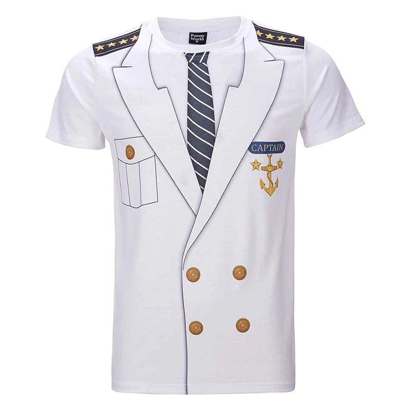 Tailcoat Printing T Shirt Men Street Funny Cosplay Short Sleeve T Shirts Fake Tie Captain Clothes Fashion Trend Plus Size Top