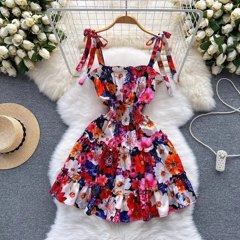 

Summer Retro Mini Dress French Style Floral Print Ruched Bandage Strap Mini Dress Sexy Ruffles Hem Lacing Up Sling Robe Vestidos