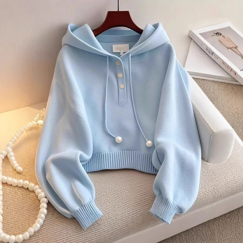 Unique Blue Hooded Drawstring Knitted Sweatshirt Autumn Korean Style Lazy Fashion Comfortable Base Shirt