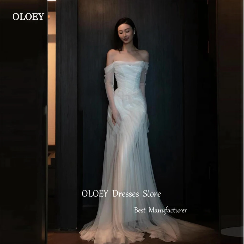 OLOEY Simple Soft Tulle A Line Korea Suknie ślubne Off Shoulder Długie rękawy Suknie ślubne Wróżka Formalna suknia wieczorowa Party