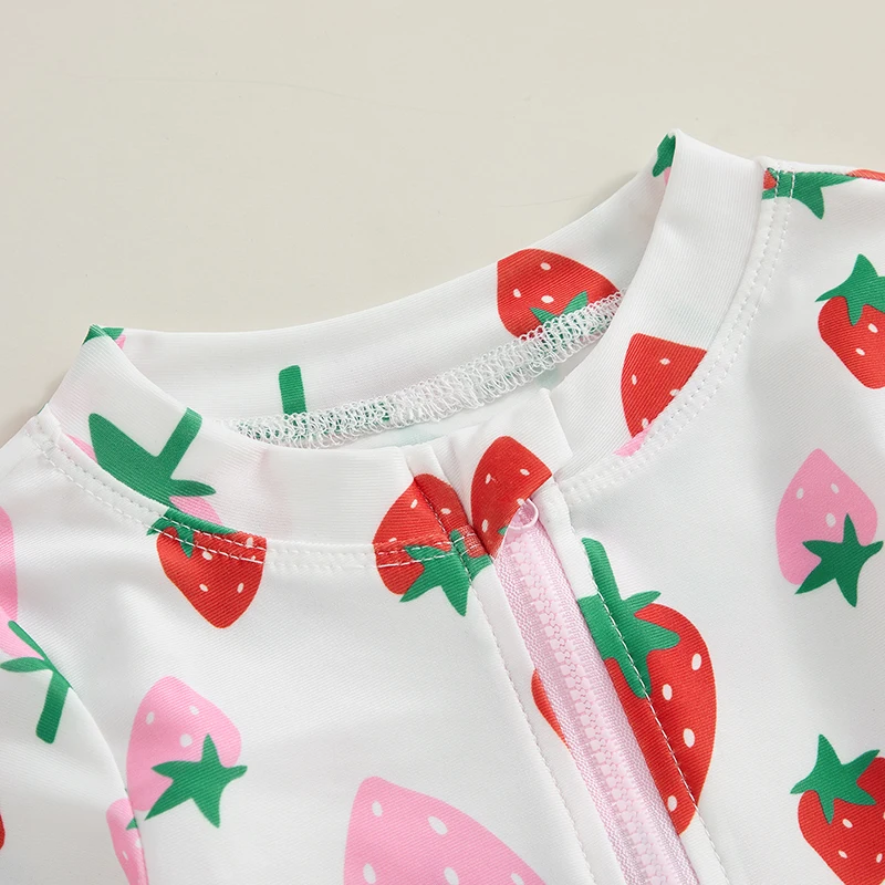 

Infant Baby Girls Swimsuit Strawberry Flower Mermaid Print Long Sleeve Round Neck Swimwear Front Zipper Bathing Suit