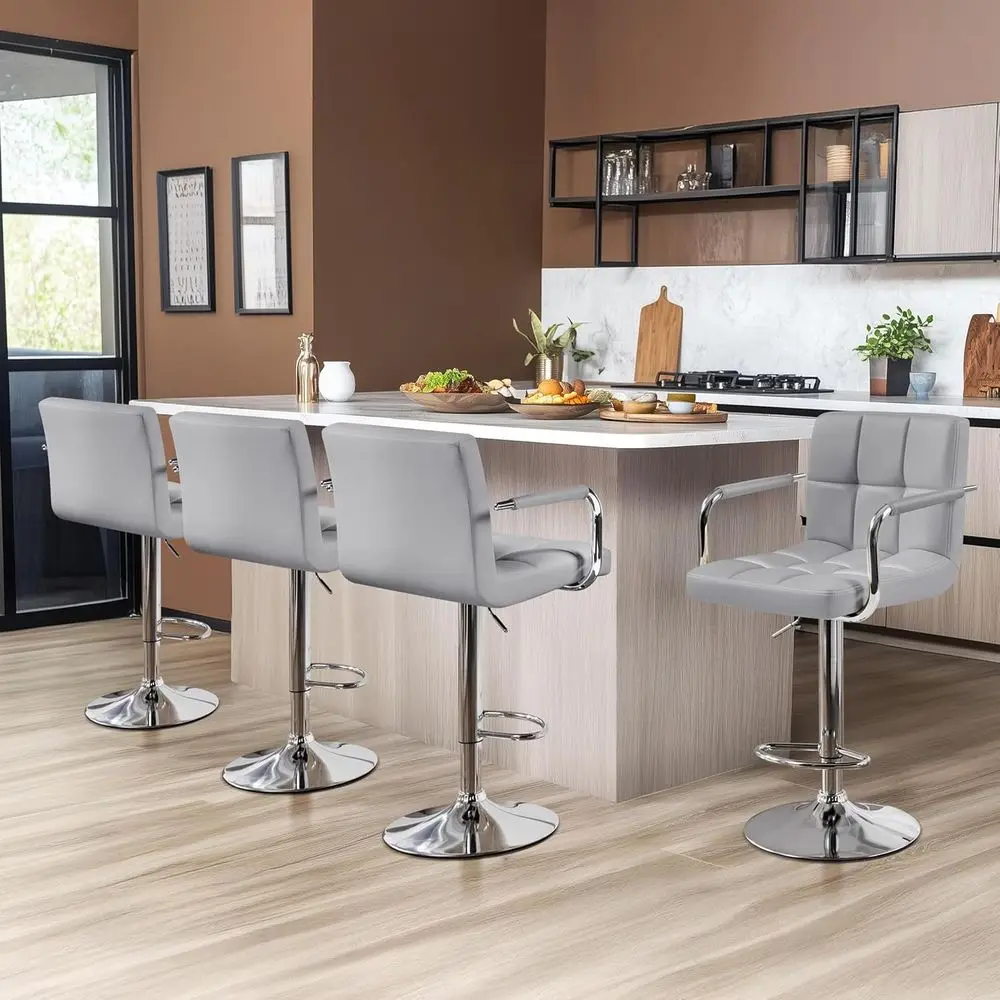Bar Stools Set o 4, Adjustable Swivel with Backs, Light Gray | 360° Swivel Barstools eature Padded PU Leather Seats, Supportive