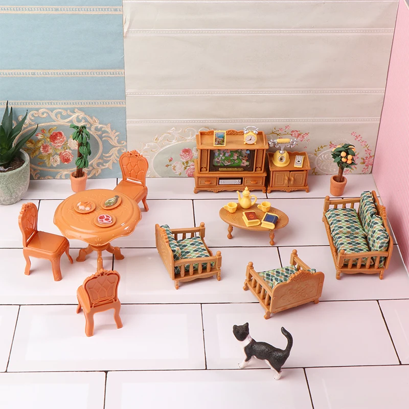 1:12 Dollhouse Miniature Dining Table Chair Sofa Tea Table TV Cabinet Set Model Doll Furniture Decor Micro Scene Prop Toy