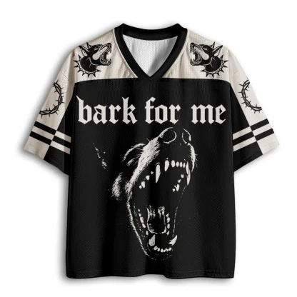Bark For Me Roaring Dog Thorn Print Men V Neck Mesh Jersey Gothic Dark Style Graphic Short Sleeve Top