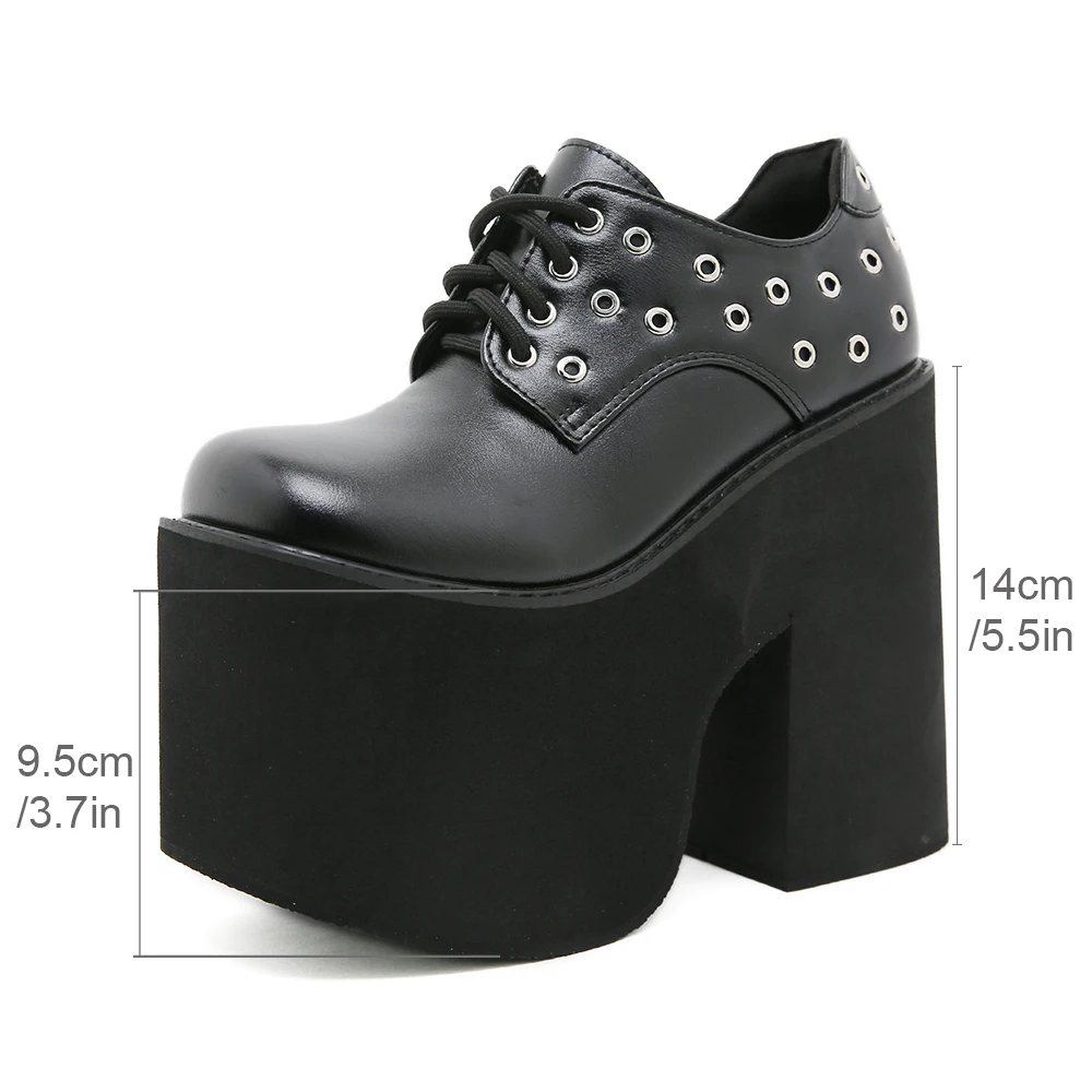 Gdgydh schwarze High Heels für Damen, modische Nietenschuhe mit Blockabsatz, Partyschuhe, Schnürschuhe, Pumps mit erhöhter Plateauabsatzhöhe – Detail 1