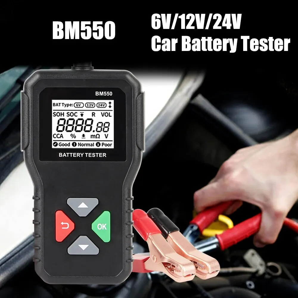 Herramienta de detección de sistema de batería de coche, Analizador de batería automático BM550 negro, 100-2000 CCA, 6V, 12V, 24V