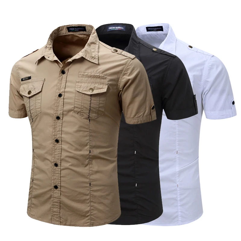 Plus Size 100% Cotton 2023 New Arrive Mens Cargo Shirt Men Casual Shirt Solid Short Sleeve Shirts Multi Pocket Work Shirt