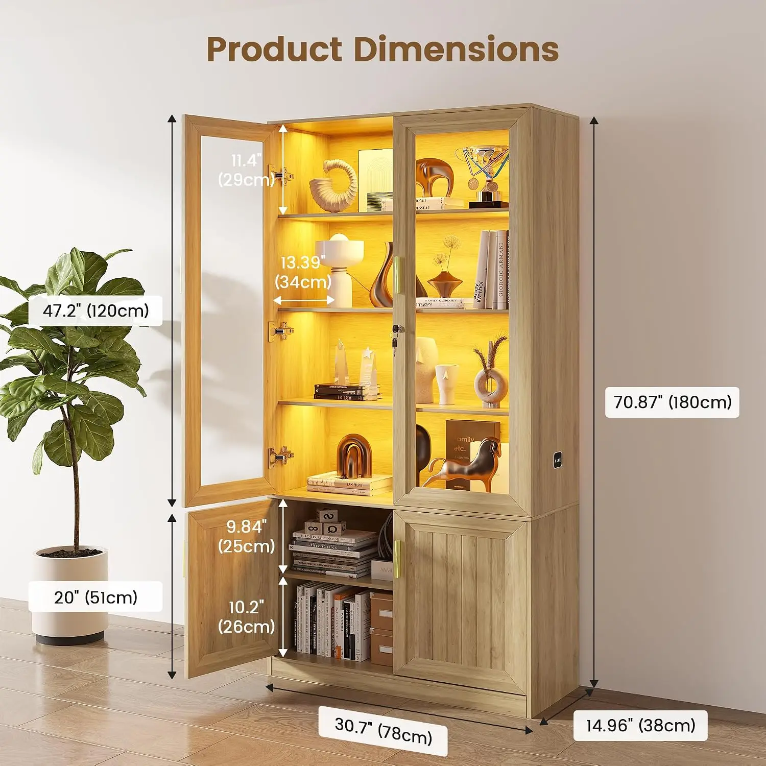 LED Bookshelf with Glass Doors & Adjustable Shelves 71" Tall Display Cabinet Storage, Customized - view 6