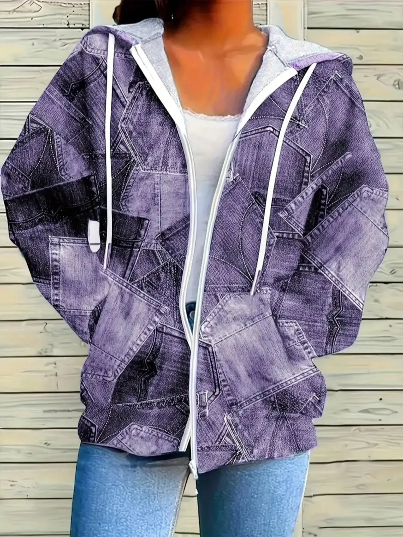 Women Patchwork Print Zip Up Hooded Jacket Long Sleeve Drawstring Hoodie Casual Loose Outerwear
