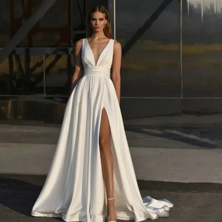 Vestido De novia De corte en A sencillo personalizado, largo hasta el suelo con abertura lateral De satén para mujer, bata De novia con bolsillo, blanco elegante