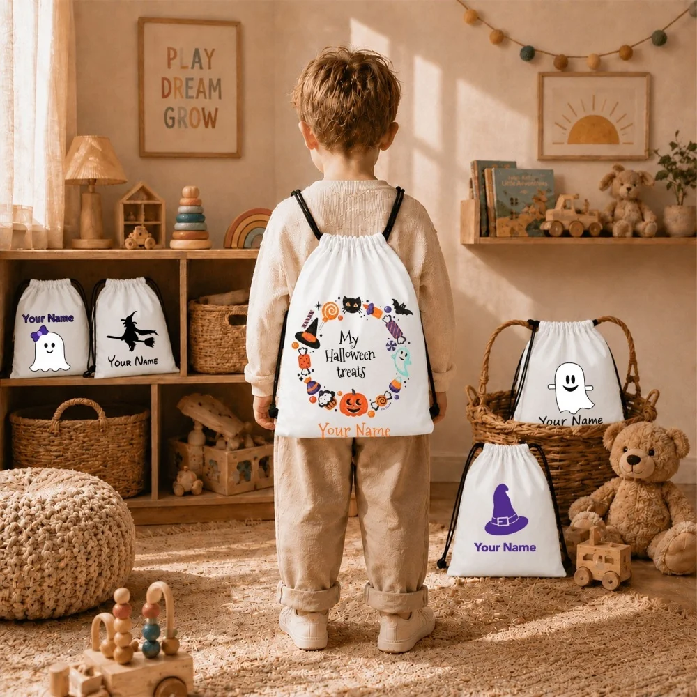 5 Pack Personalized Mixed Witch Ghost Wreath Halloween Drawstring Backpack Set Custom Name Kids Trick Or Treat Candy Bags