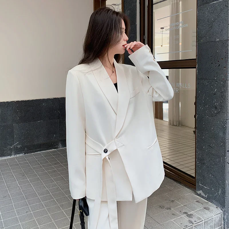 قطعتين مجموعات ملابس النساء ربيع جديد الصلبة بدوره إلى أسفل طوق كم طويل الدانتيل متابعة السترة معطف واسعة الساق فضفاض بانت الدعاوى Y2k #6