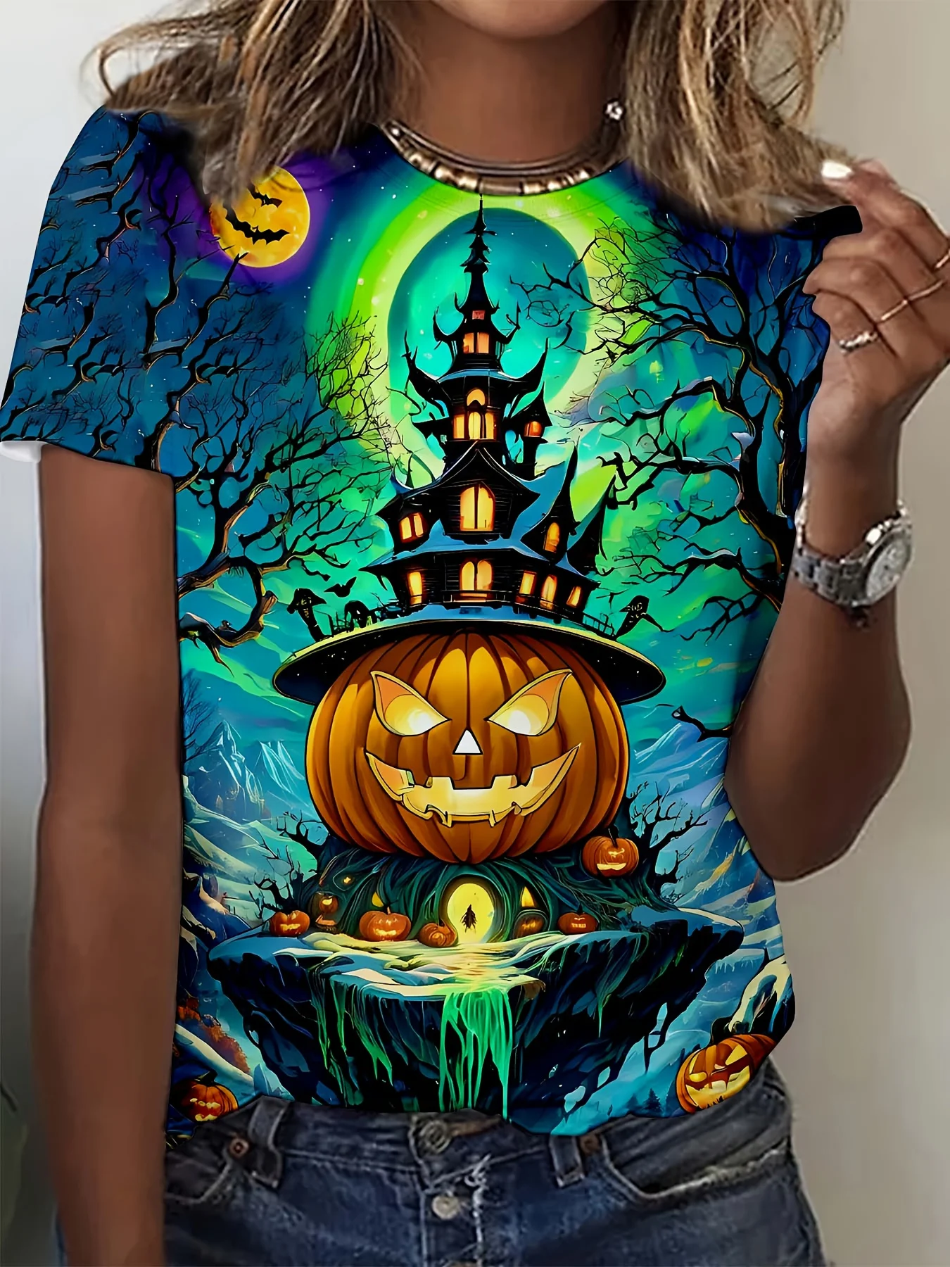 Women Halloween Pumpkin Haunted Castle Print T‑Shirt Moon Dead Tree O‑Neck Short Sleeve Tops