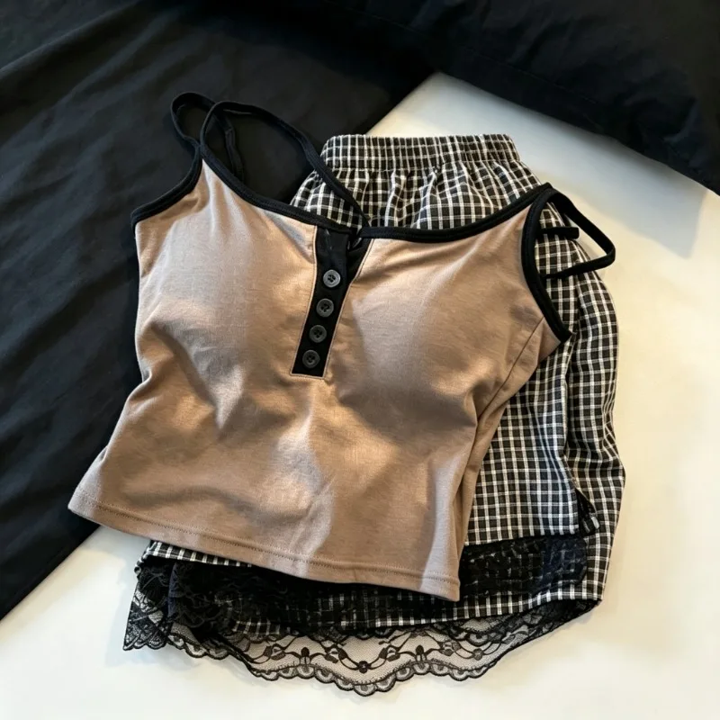 Korean Style Women Pajamas Set Summer Camisole Sleepwear Vintage Plaid Lace Trim Shorts Button Sleeveless Top Casual Loungewear