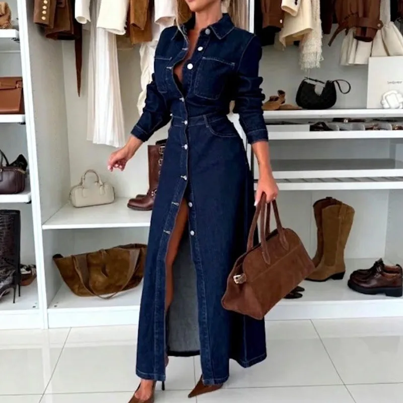 Elegantes, einreihiges, schmales, langes Kleid mit Taschen, lässig, langärmelig, geteilte Partykleider, modisches Hemdkleid mit Umlegekragen und festem Hemdkleid