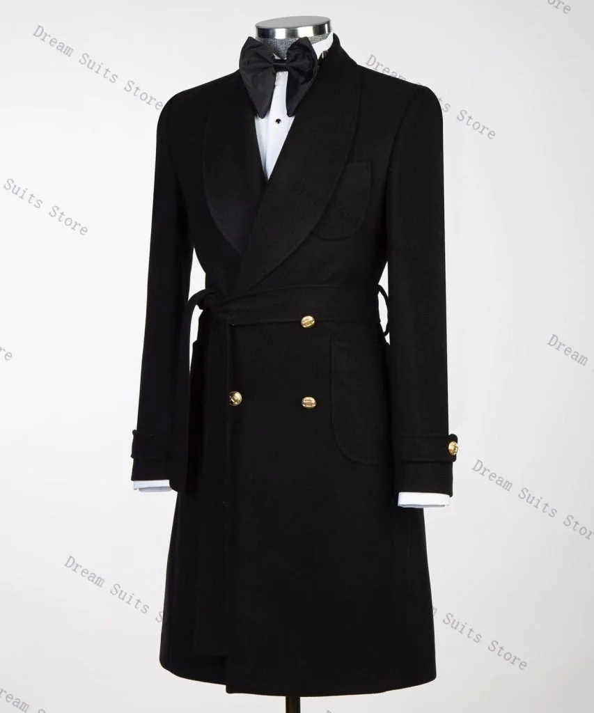 

Blue Winter Wool Men Suit 1 Pcs Long Blazer Belted King Coat Customized Formal Office Jacket Wedding Tuxedos Outfit