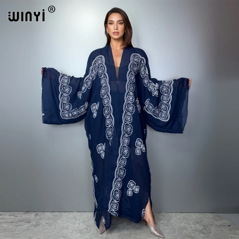 

Новое роскошное пляжное платье WINYI с вышивкой, кимоно, кардиган, сексуальный пляжный наряд, длинное пальто-абайя для женщин, мусульманский стиль.