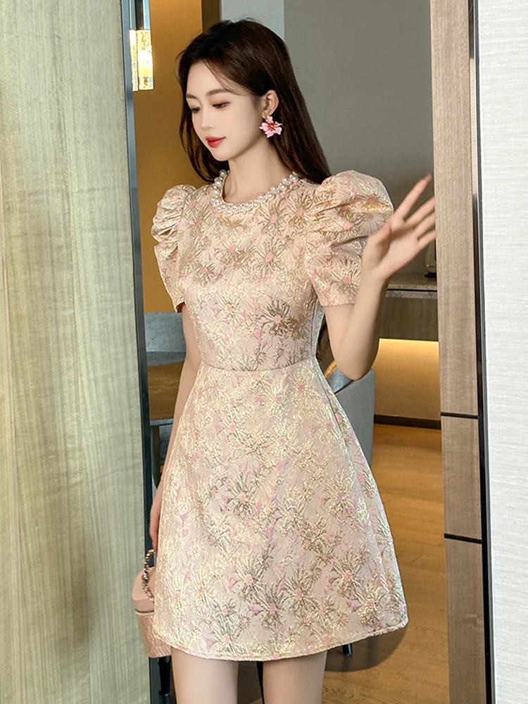 Fashion Sweet Short Dress Women Clothes Elegant Luxury Pearl O-Neck Slim Mini Gown Female Party Birthday Banquet Vestidos Fiesta