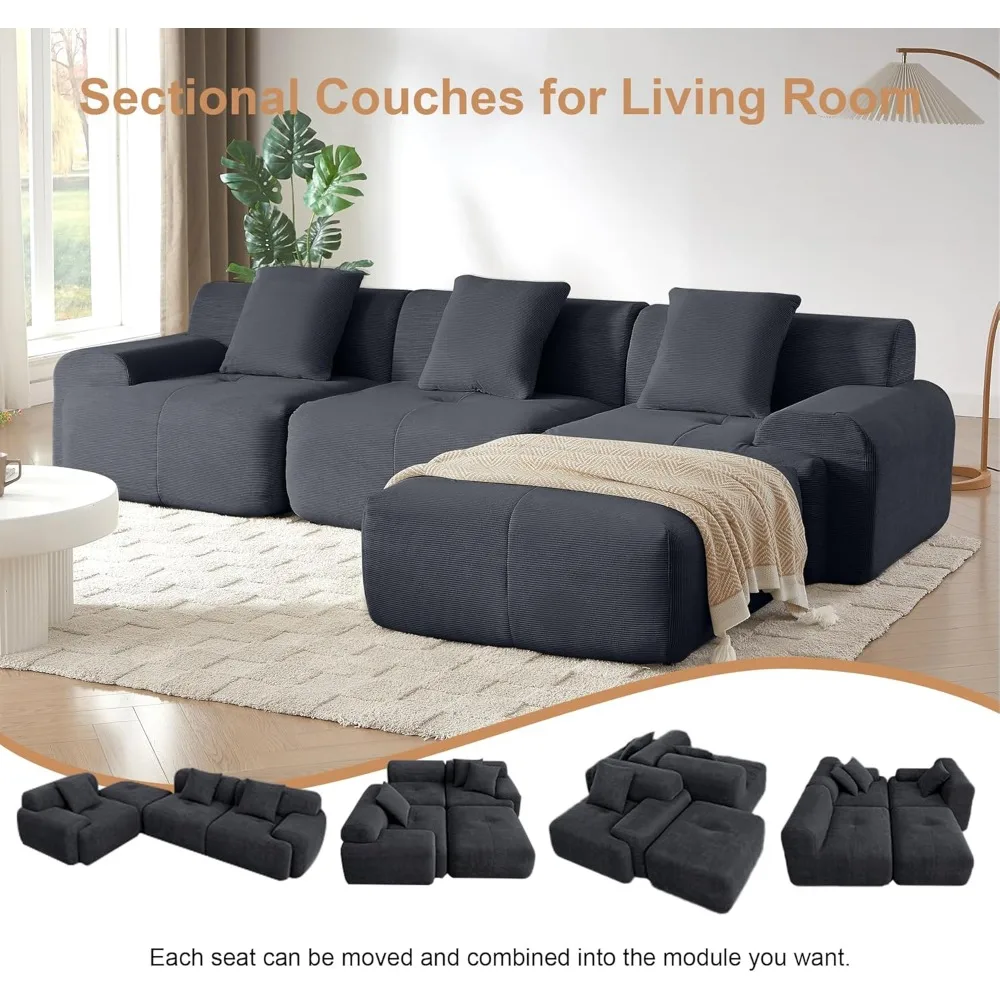 L-образный шезлонг, секционный диван с 4-местным сиденьем и подвижным пуфиком для удобного сидения в гостиной