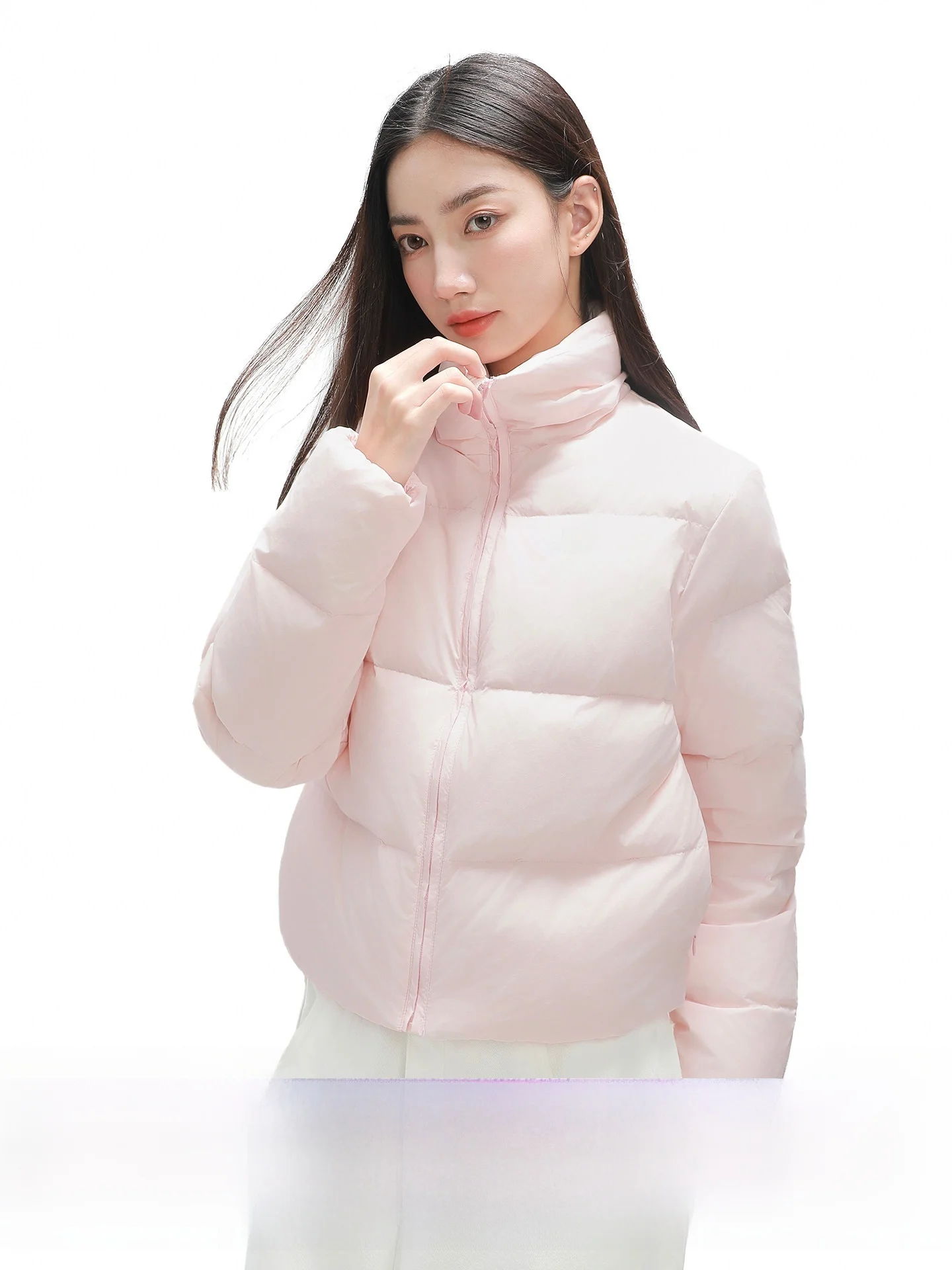 

COIE Pink Stand Collar Women's down Jaet 90 White Du Feather Bread Sle Warmth Outerwear ort Length Zipper Closure