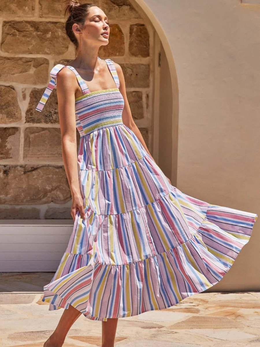 

Street Style Printed Long Swing Dress Women's Drawstring Halter Dress Summer Loose Waist Other Material 100% Big Skirt Type
