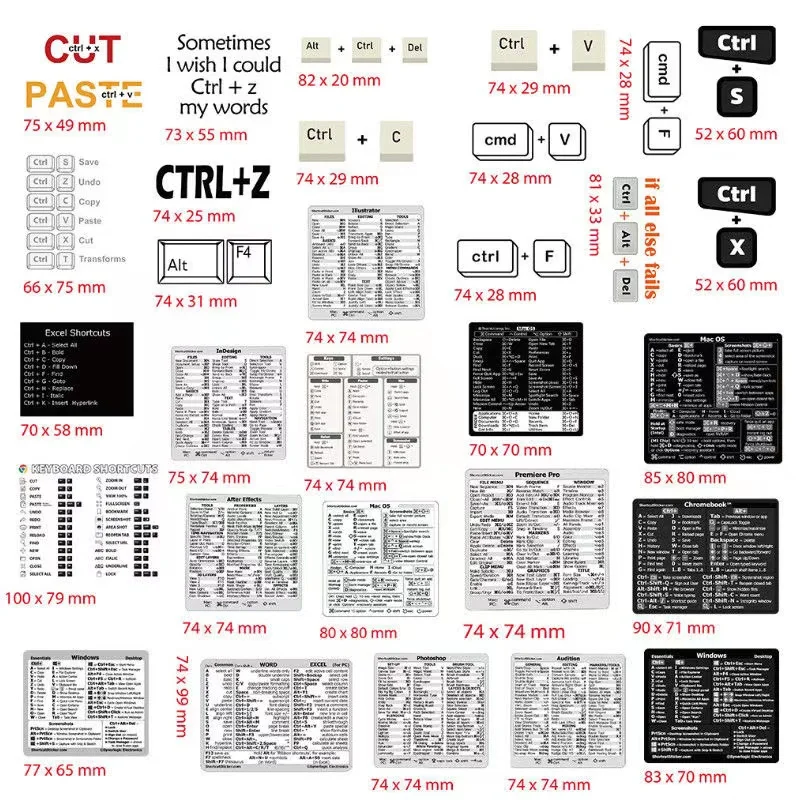 

10/33PCS Shortcut Key Stickers Laptop Quick Reference Keyboard Guide Luggage Skateboard Graffiti Decals Sticker For Photoshop