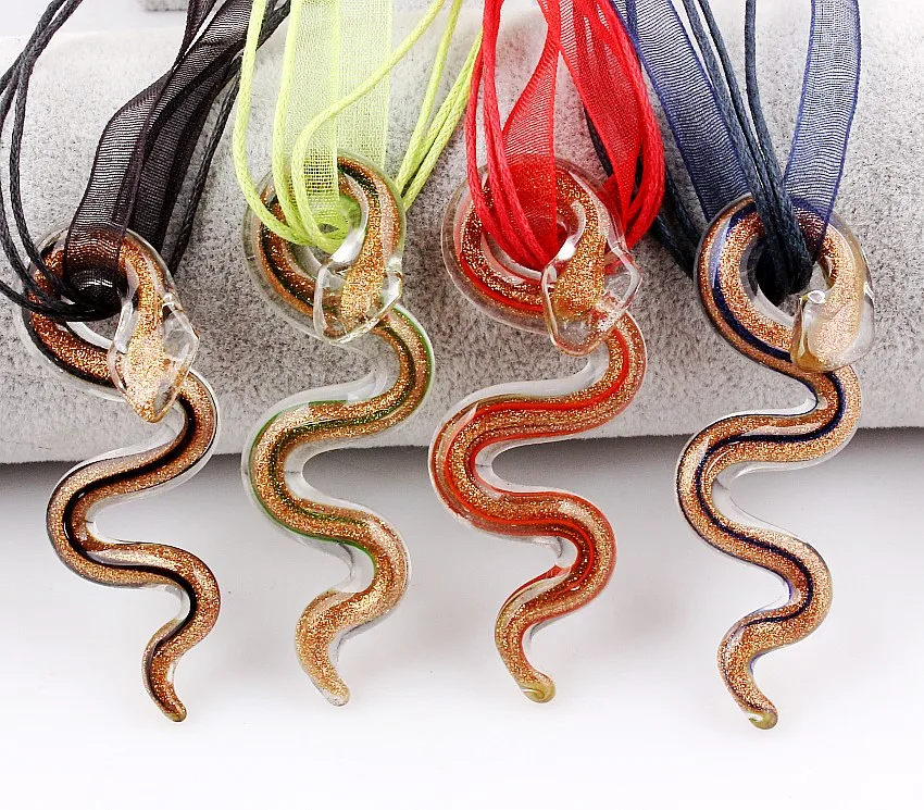 Top Fashion Wholesale 6pcs 2Styles Handmade Murano Lampwork Glass Mixed Color Stripe Snake Pendant Necklace Jewelry Necl0054