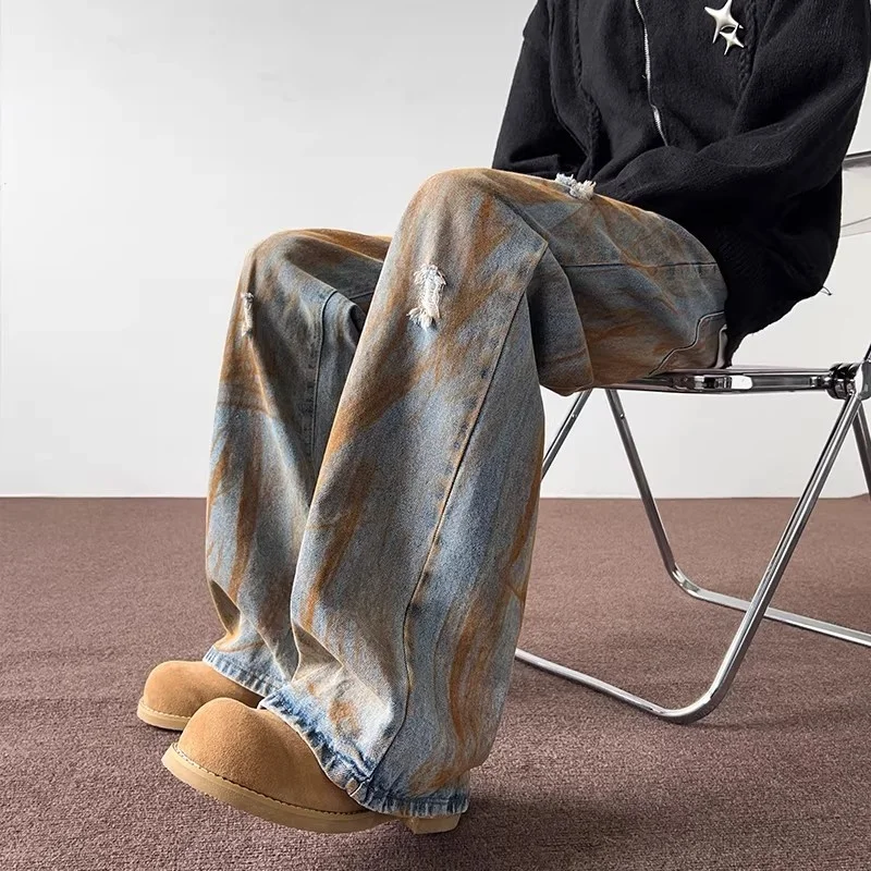 

Men's Straight Leg Casual Jeans Spring Autumn Tie Dye Hole Design Hip Hop High Street Sle Comfortable Straight Cut Denim Pants