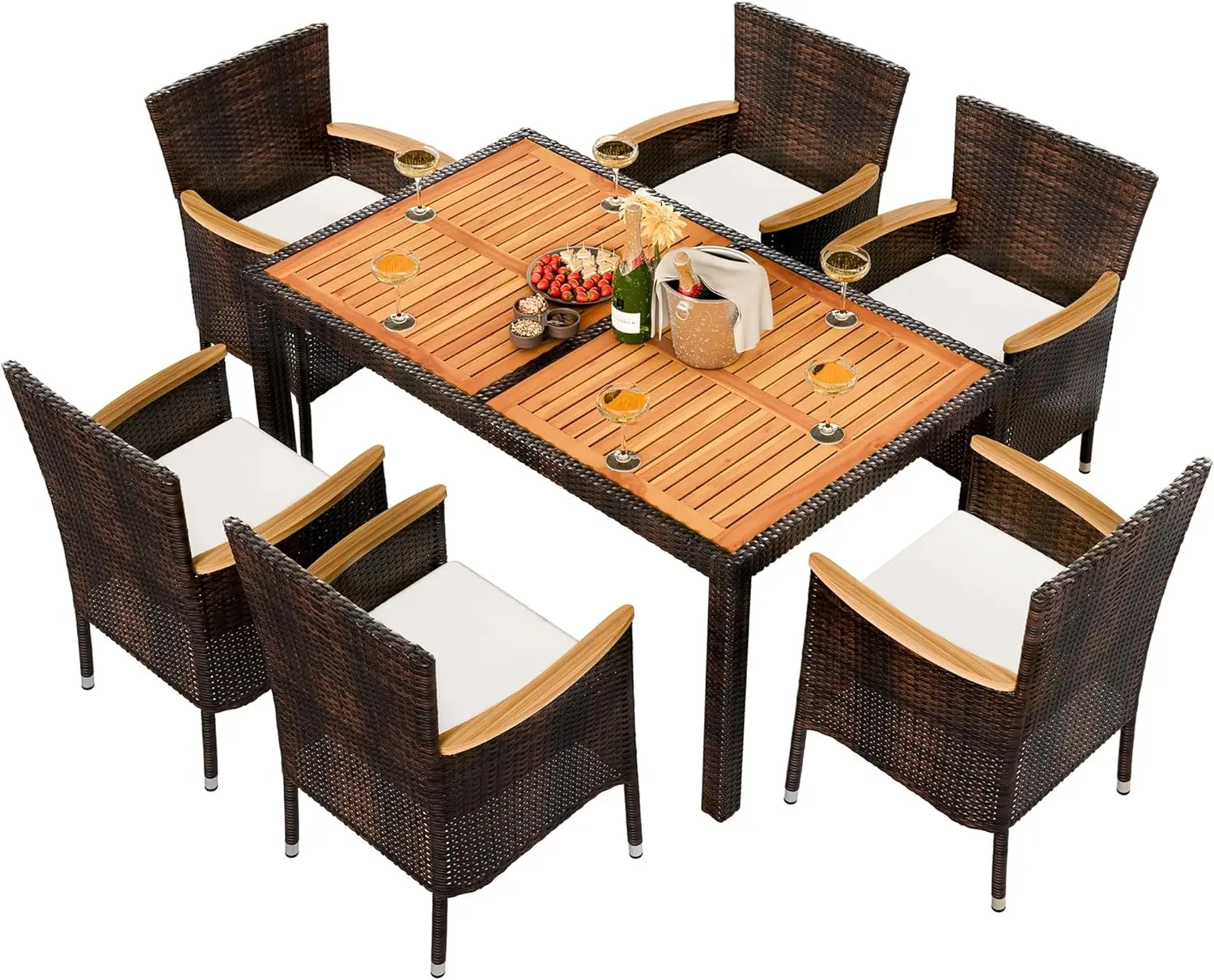 7 Piece Patio Dining Set, Wicker Patio Conversation Set with Wood Table Top, Outdoor Table and Chairs with Soft Cushi