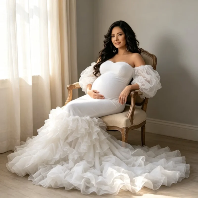 Mermaid Maternity Gown with Sweetheart Neck & Long Train – Fitted Pregnancy Dress for Baby Shower & Studio Photography view 5