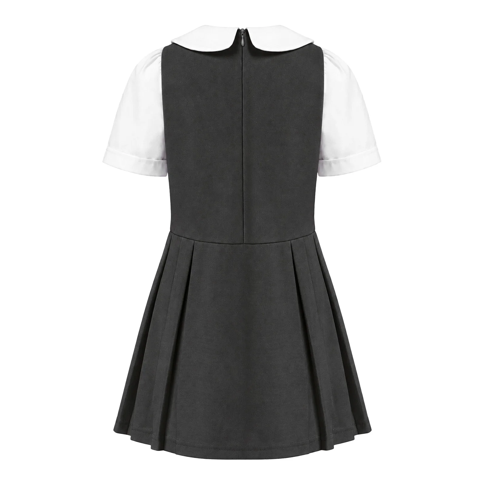 Kids Girls School Uniform Doll Collar Fak Two Piece Dress Academy Style Short Sleeve Back Invisible Zipper Pleated Dress