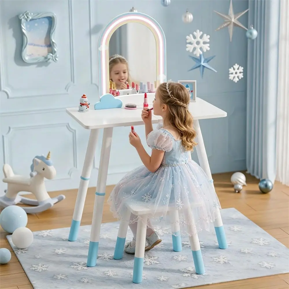 

Blue Kids Vanity Table and Chair Set, Adjustable Height Kids Vanity with LED Lights, Princess Girls Vanity Set with Stool, Todd