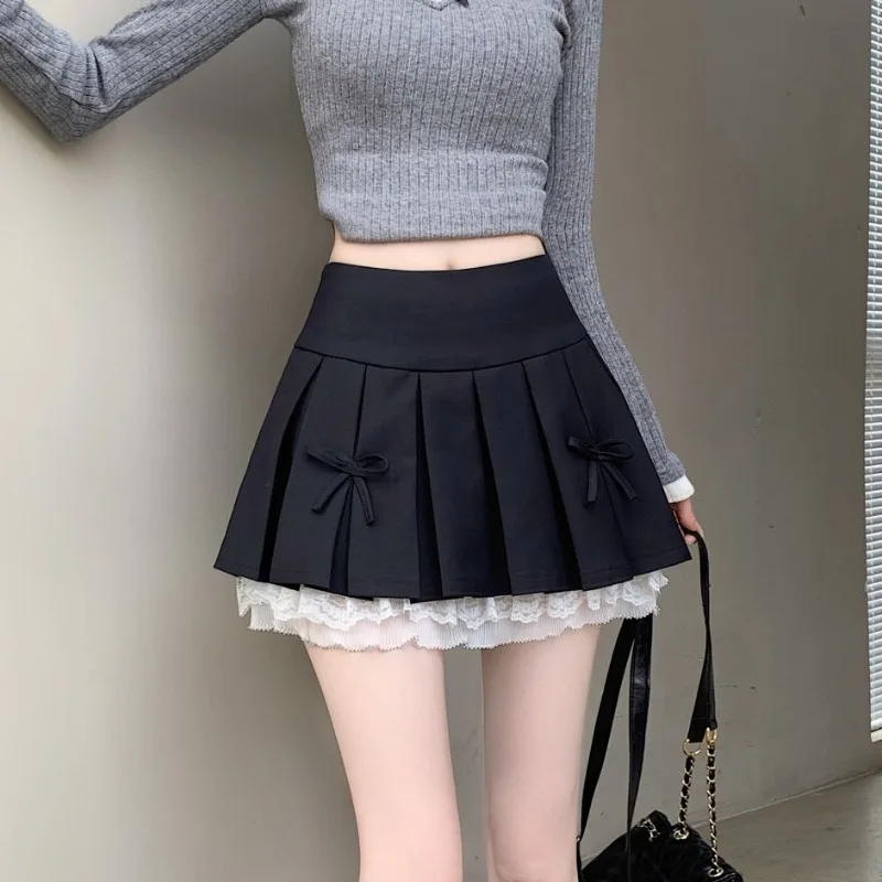 

Women Pleated Skirt Y2k A-line Short Skirt Black Woman Clothing Bow Tie Lace Ruffle College Style Sweet Vintage Streetwear