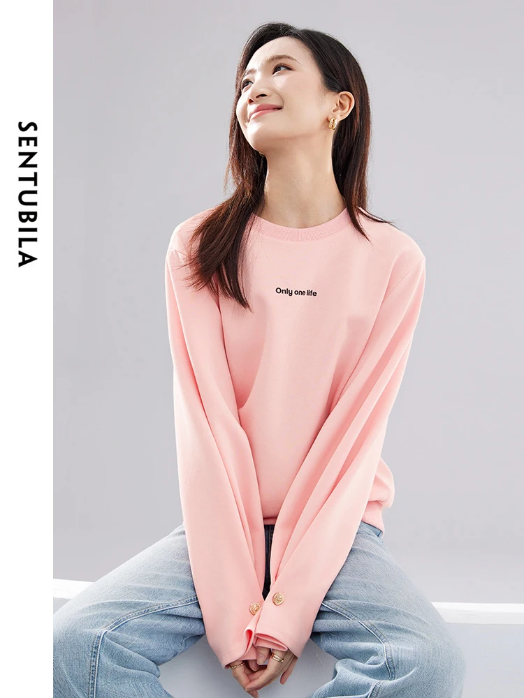 SENTUBILA Loose Letter Print Casual Sweatshirt 2024 Spring Women\'s Long Sleeve Top Round Neck Simple Female Pullovers 141A52964