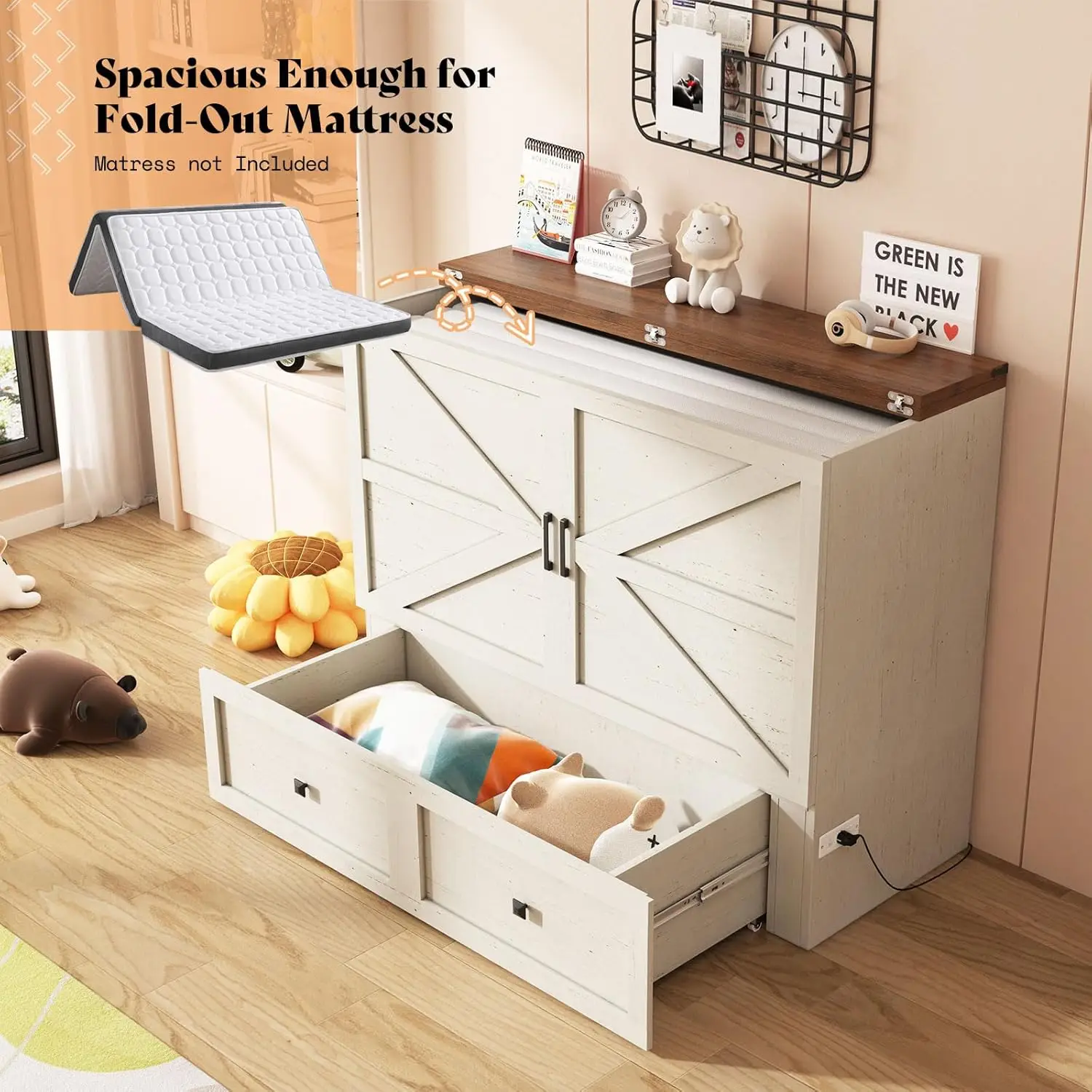 سرير ميرفي على طراز المزرعة مع مساحة تخزين ولوحة قابلة للطي ومحطة شحن لغرفة نوم الضيوف الهادئة