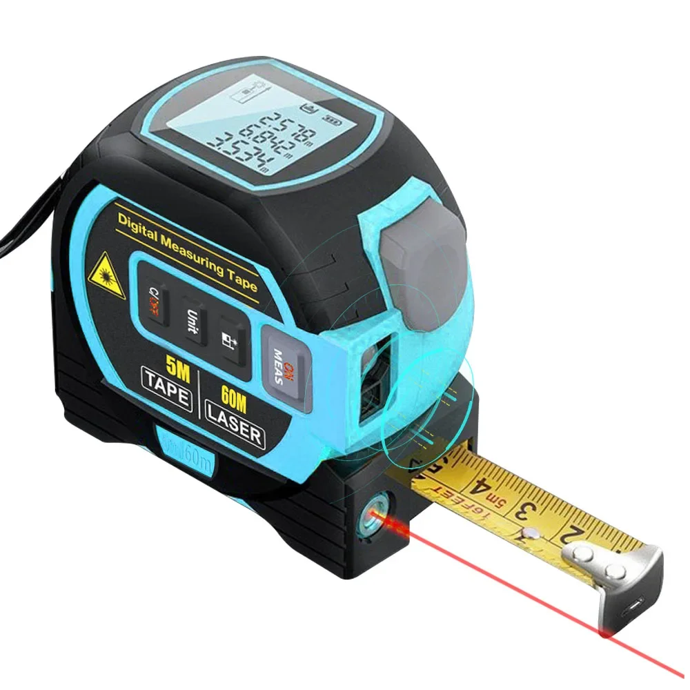 3in1 Laser Rangefinder 5m Tape Measure Ruler LCD Display with Backlight Distance Meter Building Area Volumes Surveying Equipment