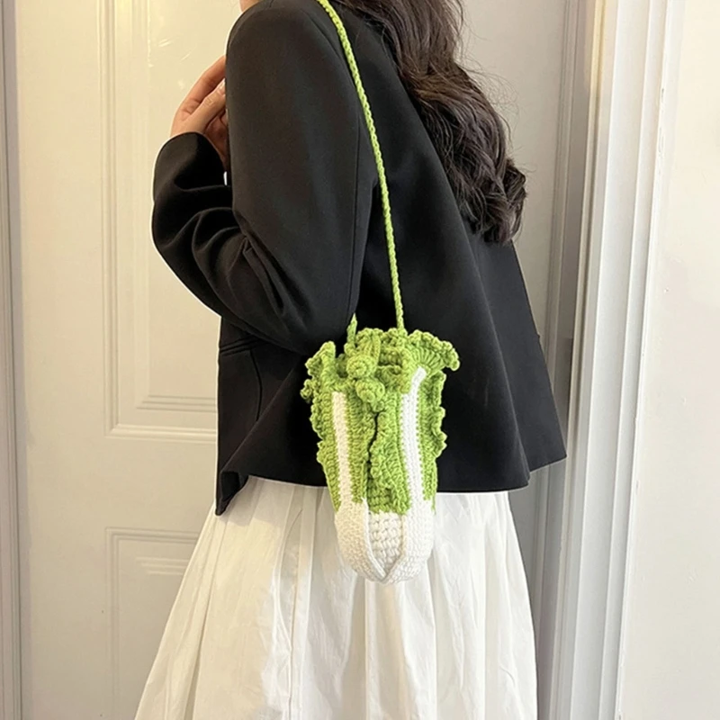 Funny Knit Cabbage Bucket Handbag Women Spring Summer Crossbody Phone Bag Female Girls Casual Small Tote Shopping Shoudler Bag