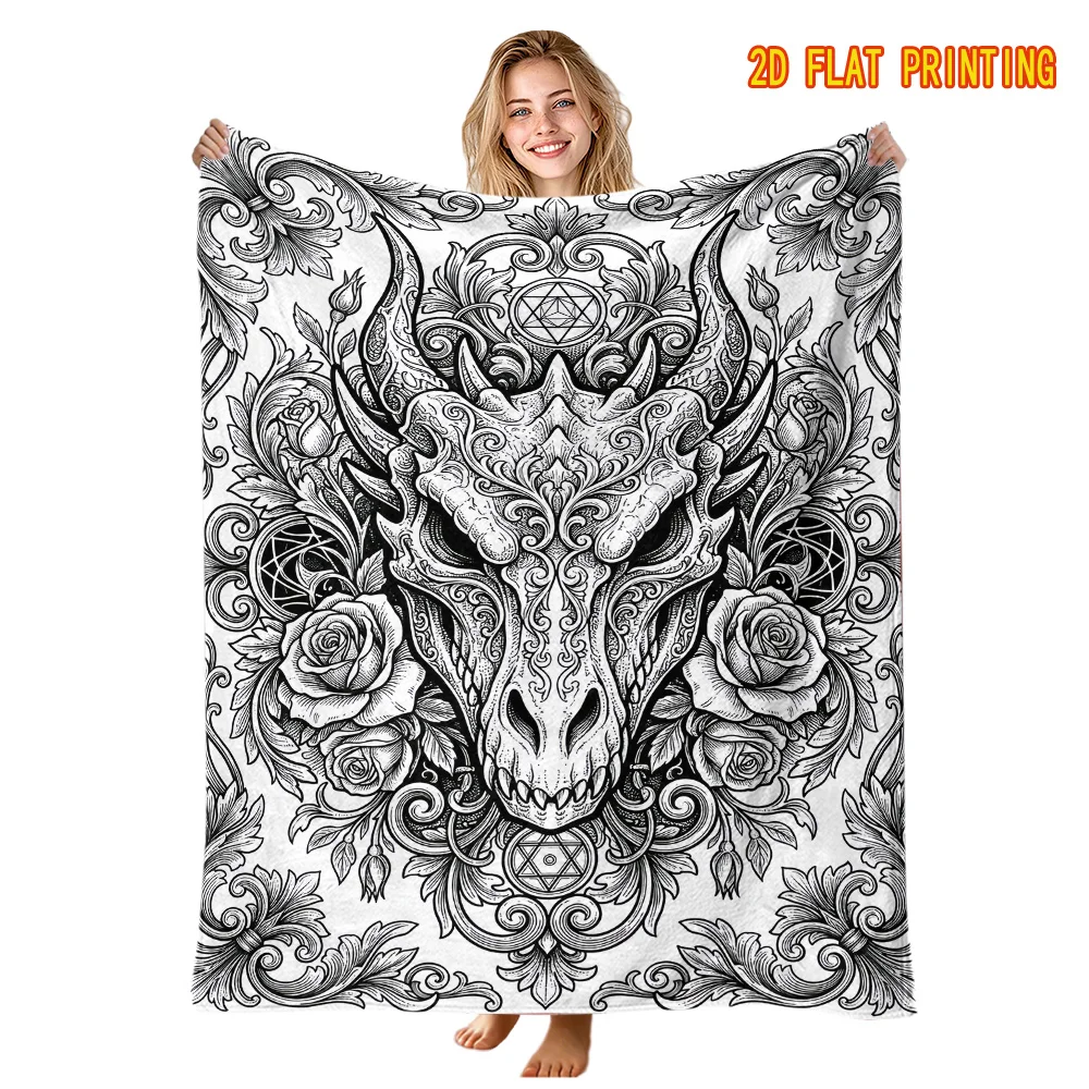 1pc Retro Dragon Head Skull DIY Coloring Flannel Blanket. Rose Carving Mysterious Symbol Art. Soft for Sofa Office Camping. Rela