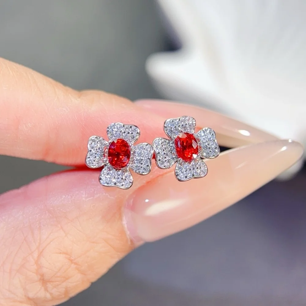 S925 Sterling Silver Natural Ruby Flower Earrings Fashion Elegant Jewelry Crystal Women's Birthday Gift Mature Charm