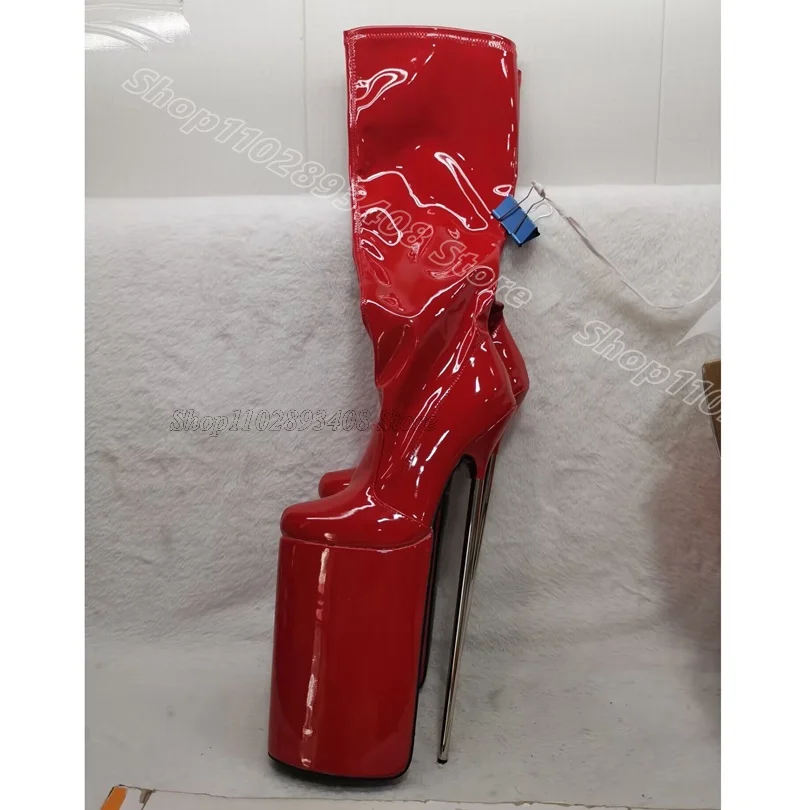 

Red Metal Heels Platform Boots Round Toe Solid British Style Spring Fashion Women Party Dance Boots 2025 Zapatos Para Mujere