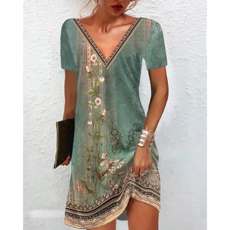 2023 Spring/Summer Women\'s Dress Casual Retro Floral Print Dresses Elegant V-neck Loose A-line Vestidos Female Commuter Pullover