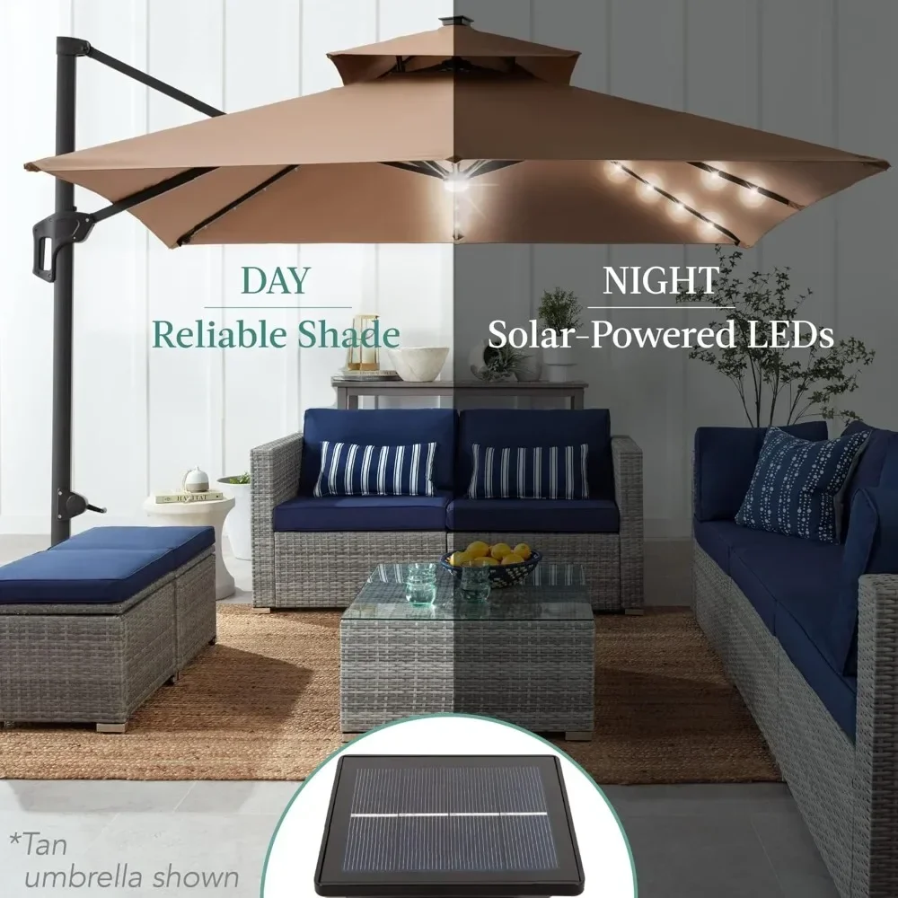 

2-Tier Square Cantilever Patio Umbrella with Solar LED Lights, Offset Hanging Outdoor Sun Shade for Backyard , 360 Rotation