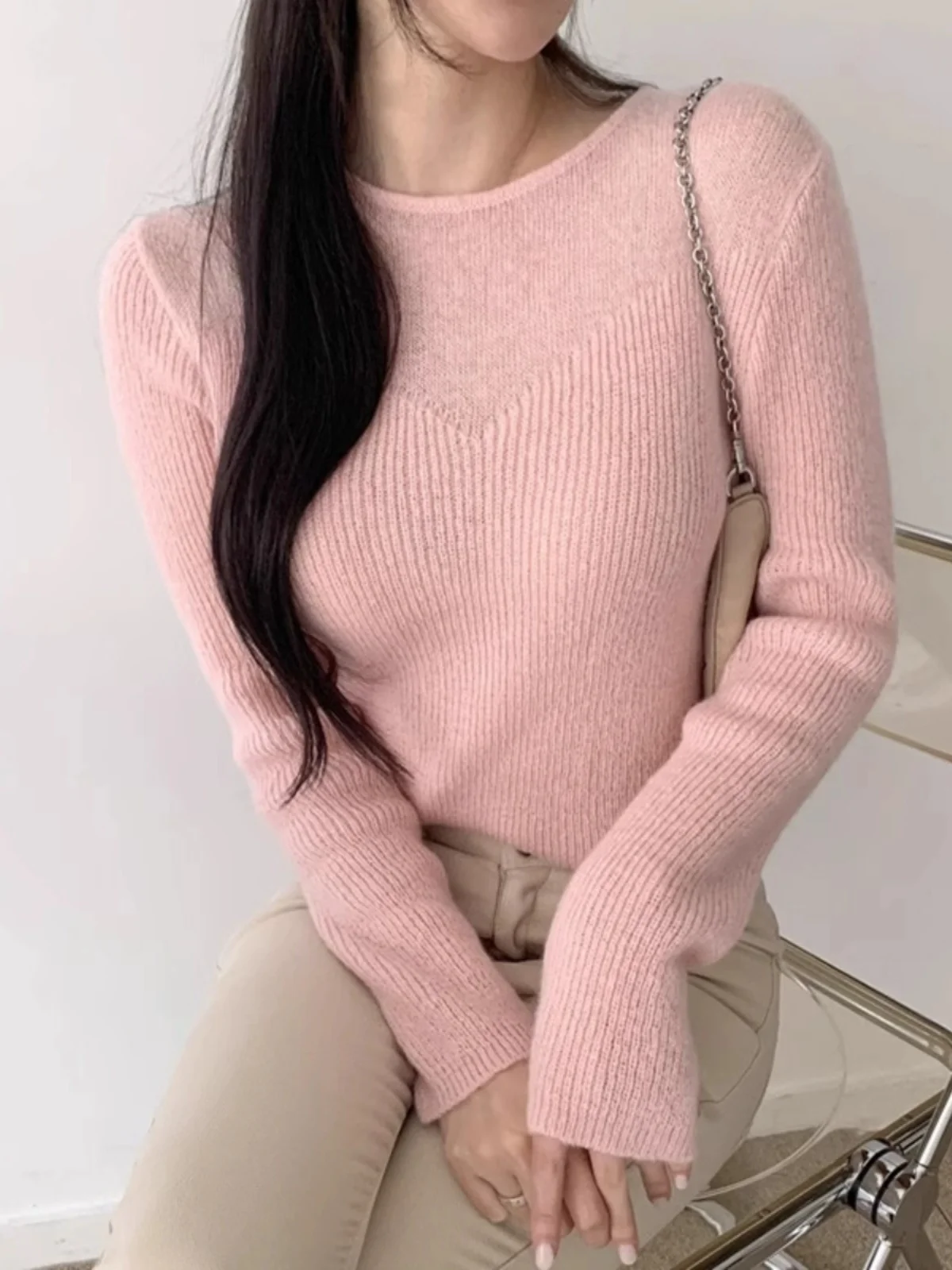 Slim Fit Knitted Sweater Women's Base Layer Chic Design Sense Splice Anti-Aging Knitwear Korean Sle Commute Pure Color