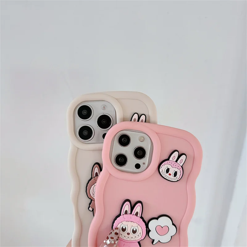 Voor iPhone 16 15 14 13 12 11 Pro X XS Max 6 6s 7 8 Plus SE 3D Cartoon Labubu Wave Telefoon Case Armband Polsband Soft Cover