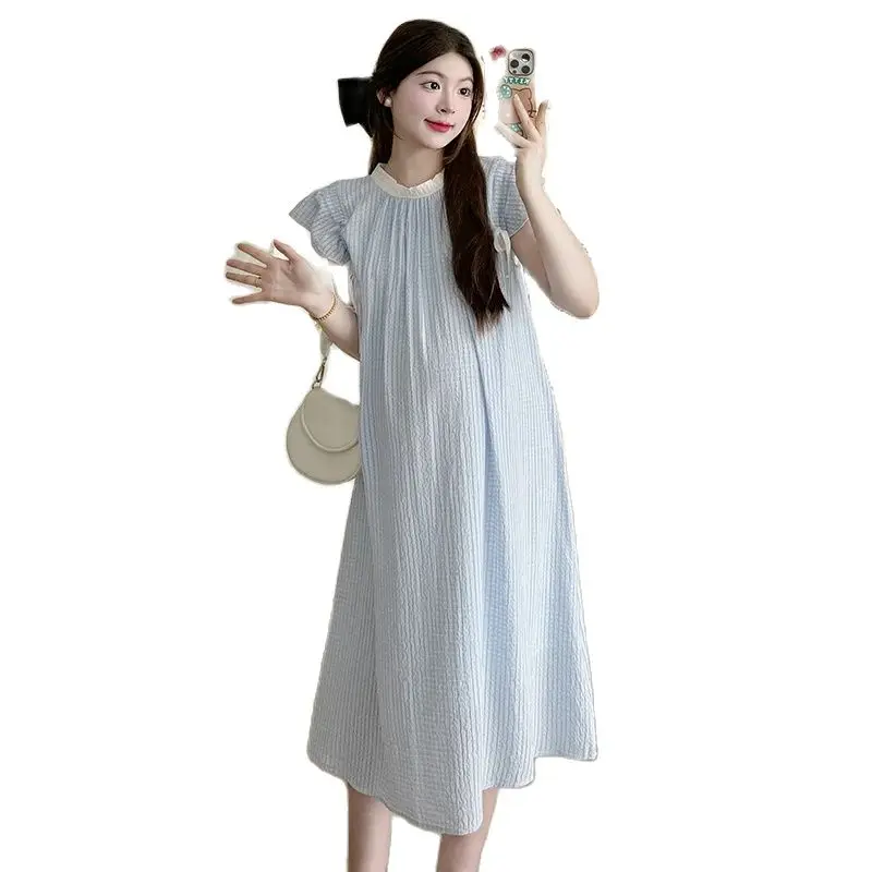 

2024 Summer French Style Sweet Flying Sleeve Maternity Dress Blue Long Loose Pregnant Woman A-Line Dress Bowknot Dobby Dresses