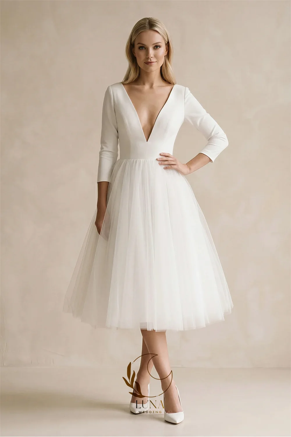 Luna Tea-Length Civil Wedding Dress Robe De Mariee Customized V Neck Long Sleeves Belt A Line Bridal Gown Bride Dresse