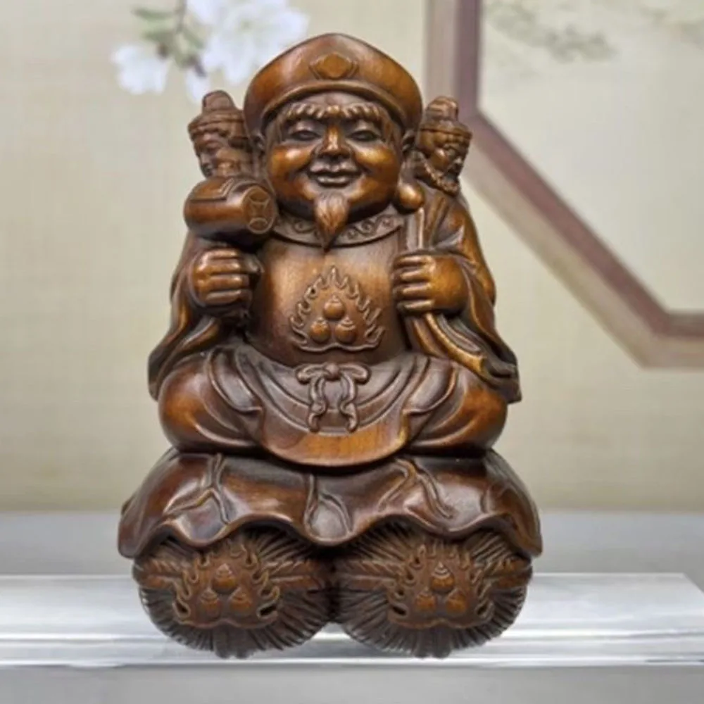 God of Wealth Boxwood Figurine Carving Three-Sided Mahakala Buddhist Dharma Protector