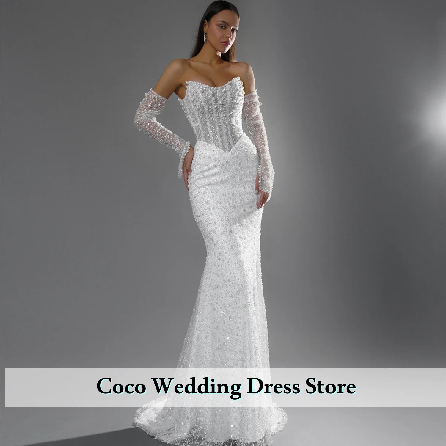 تخصيص رائعة حورية البحر انفصال كم طويل الحبيب الرقبة الدانتيل لامعة الخرز اللؤلؤ الترتر فستان الزفاف